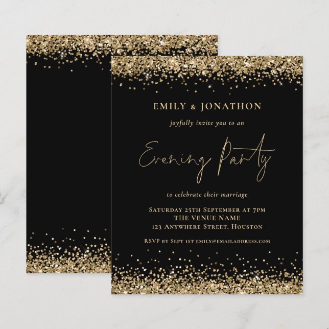 BUDGET Gold Glitter Black Wedding Evening Invite (Front/Back)