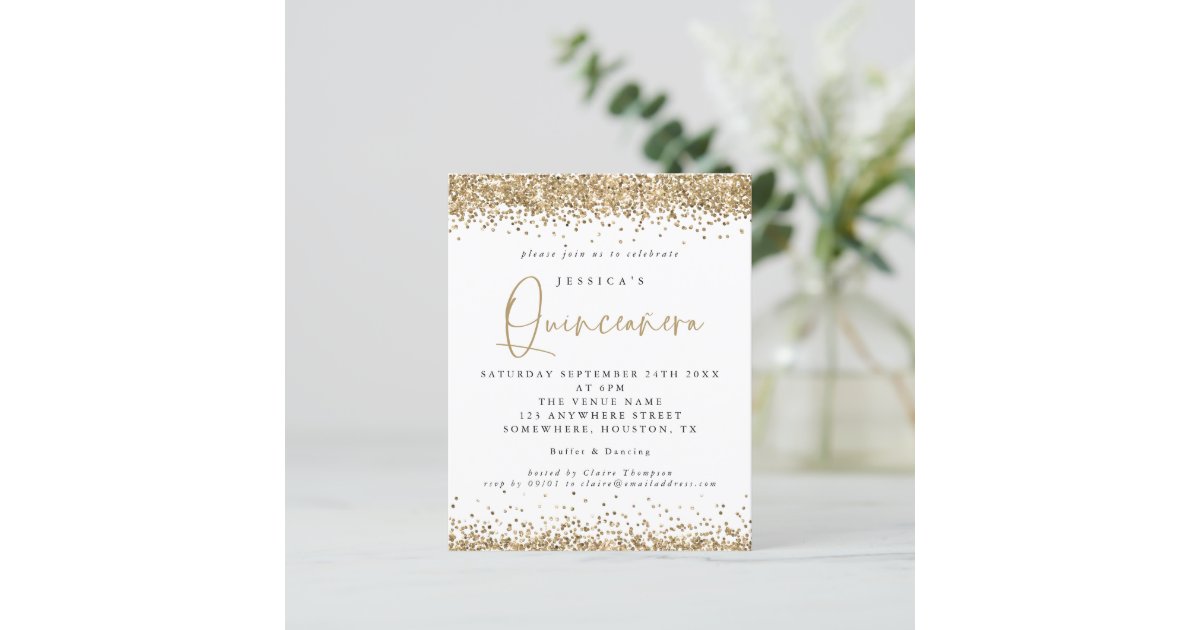 Budget Gold Glitter Border Quinceanera Invitation | Zazzle