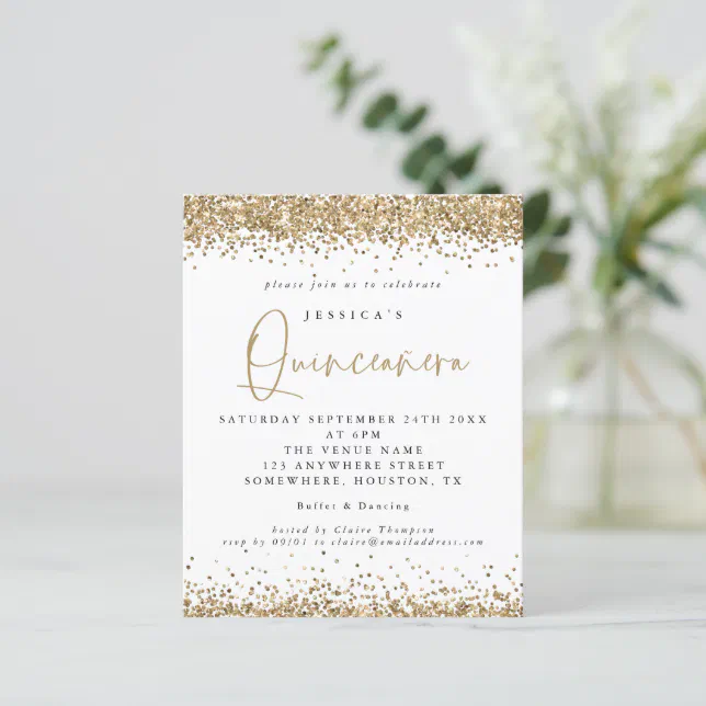 Budget Gold Glitter Border Quinceanera Invitation | Zazzle