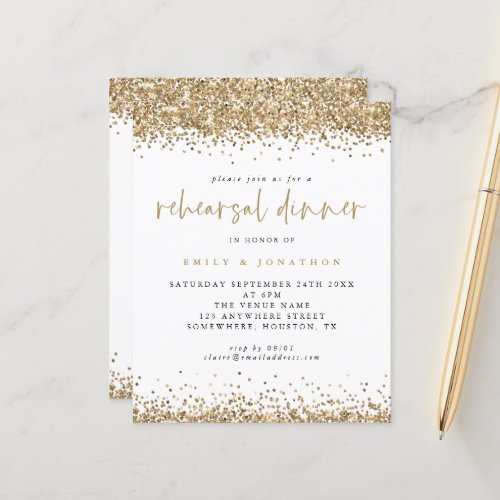 Budget Gold Glitter Border Rehearsal Dinner Invite