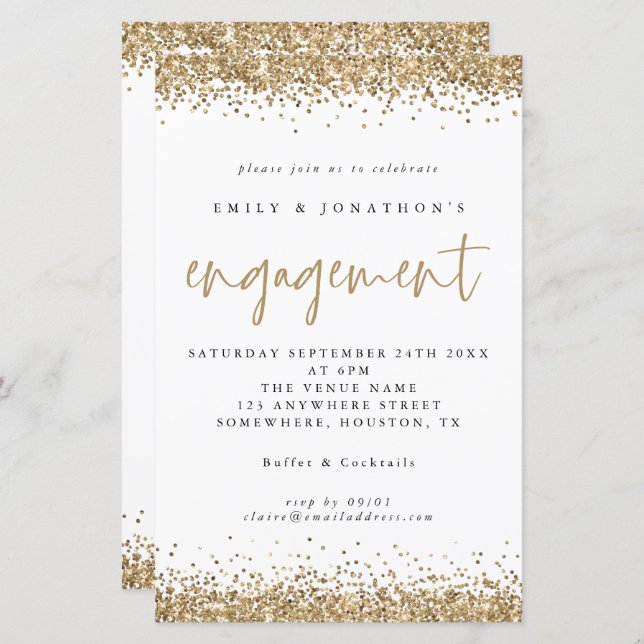 Budget Gold Glitter Borders Engagement Invitation (Front/Back)