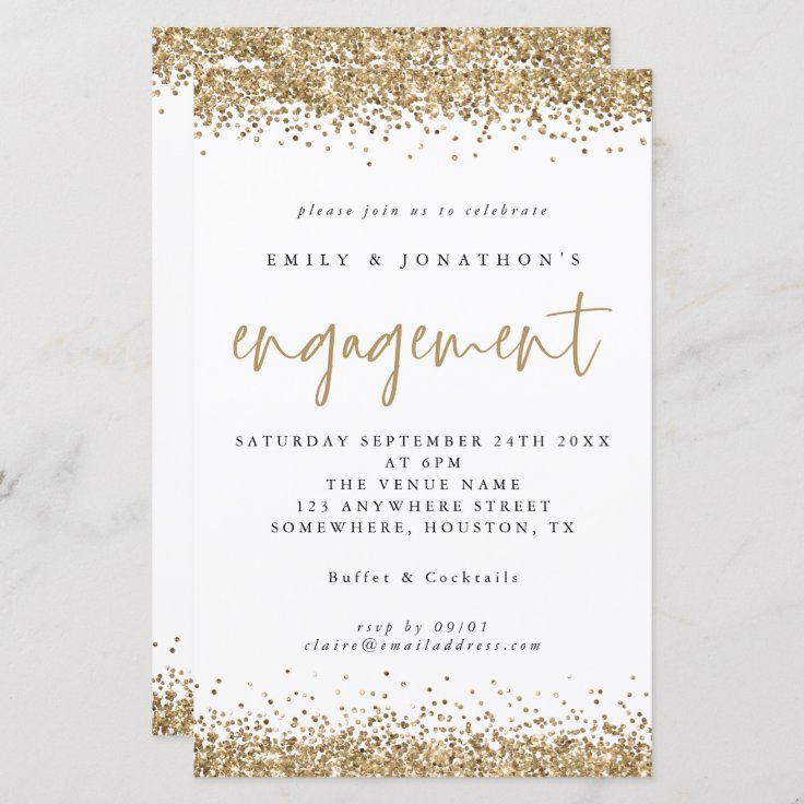 Budget Gold Glitter Borders Engagement Invitation | Zazzle