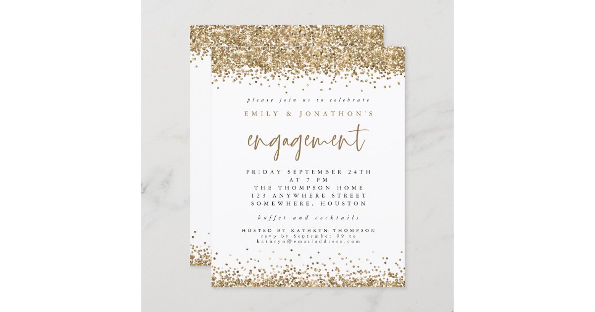 Budget Gold Glitter Borders Engagement Invitation | Zazzle