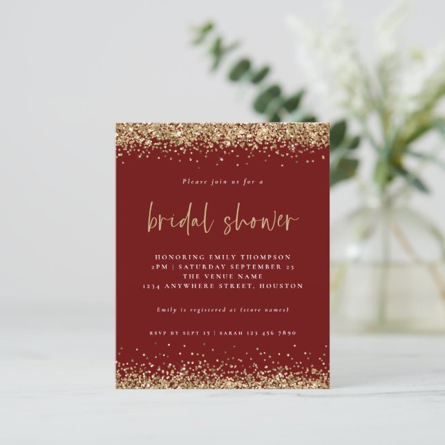 Budget Gold Glitter Bridal Shower Burgundy Invite (Standing Front)