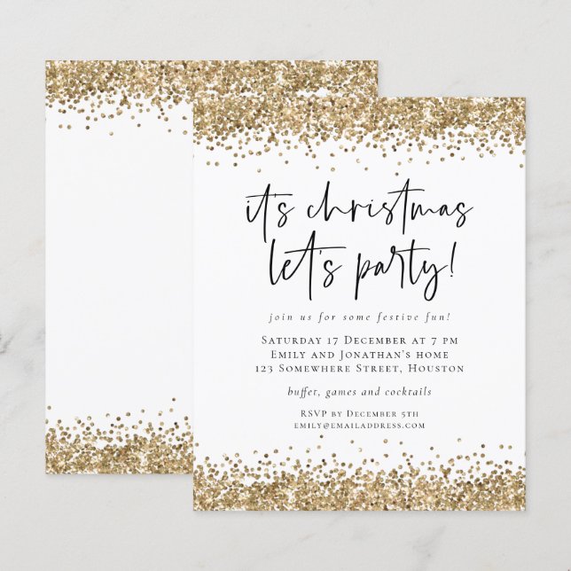 Budget Gold Glitter Christmas Lets Party Invite (Front/Back)