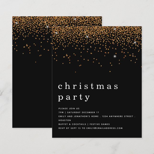 Budget Gold Glitter Christmas Party Black Invite (Front/Back)