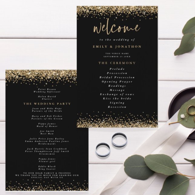 Budget Gold Glitter Confetti Black Wedding Program (Creator Uploaded)