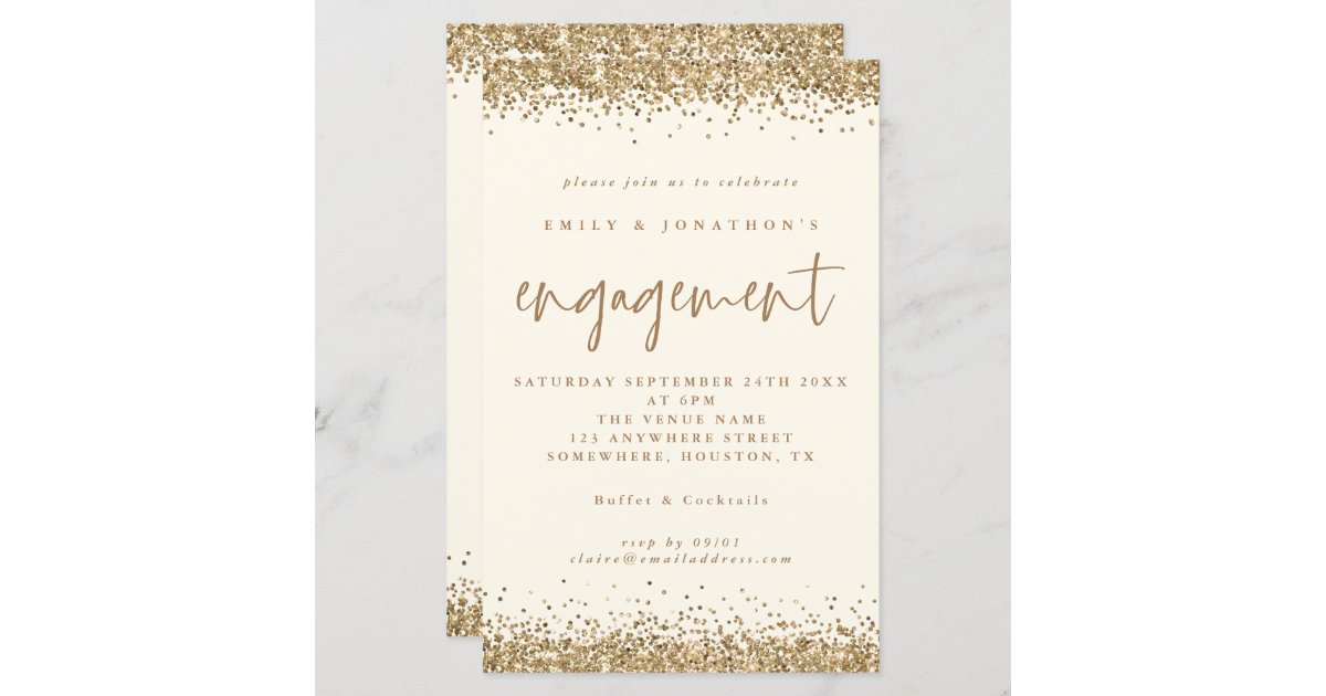 Budget Gold Glitter Cream Engagement Invitation | Zazzle