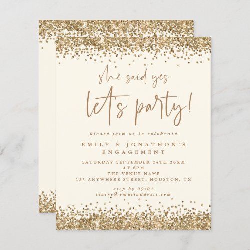 Budget Gold Glitter Cream Engagement Invite