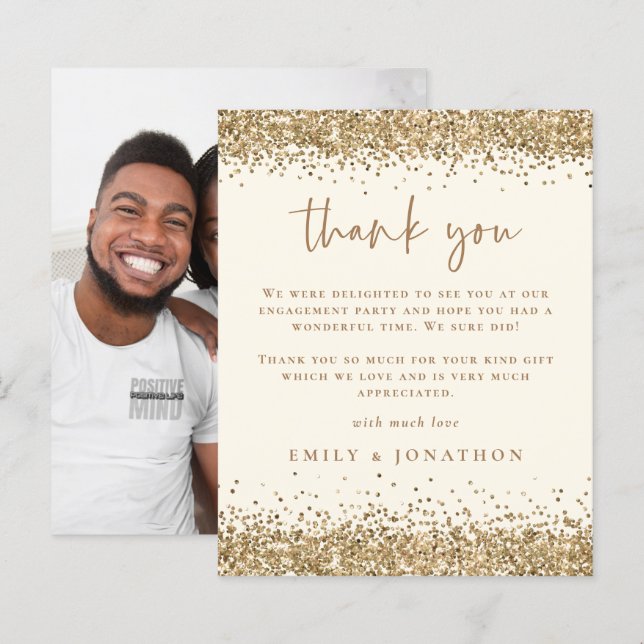 Budget Gold Glitter Cream Photo Engagement Thanks (Front/Back)