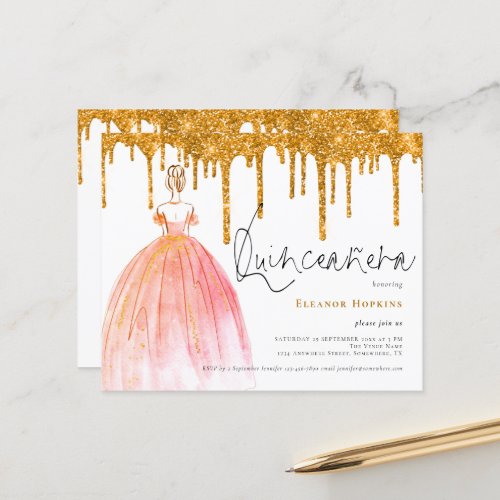 Budget Gold Glitter Drips Quinceanera Invitation