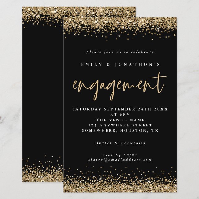 Budget Gold Glitter Engagement Black Invitation (Front/Back)