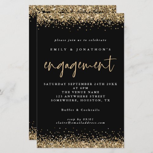 Budget Gold Glitter Engagement Black Invitation