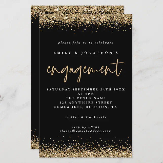 Budget Gold Glitter Engagement Black Invitation | Zazzle