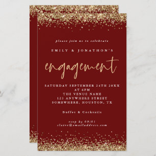 Budget Gold Glitter Engagement Burgundy Invitation