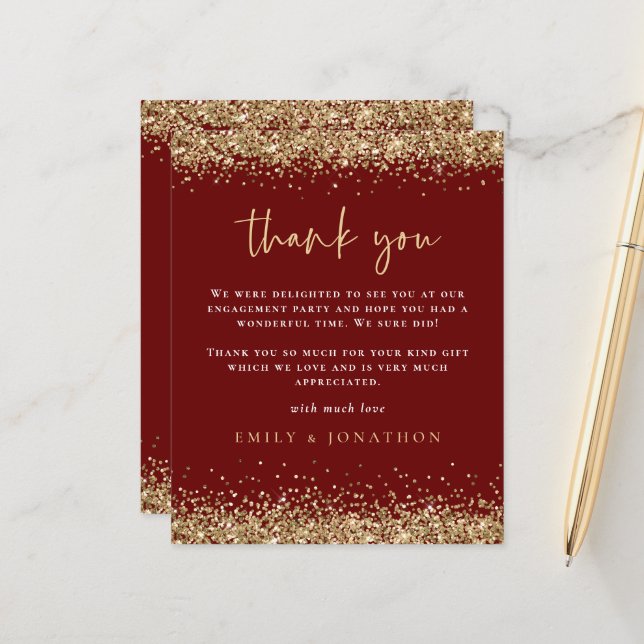 Budget Gold Glitter Engagement Burgundy Thank You (Front/Back In Situ)