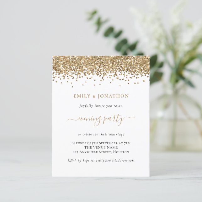 Budget Gold Glitter Evening Wedding Invitation (Standing Front)