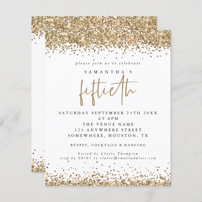 Budget Gold Glitter Fiftieth Party Invitation (Front/Back)