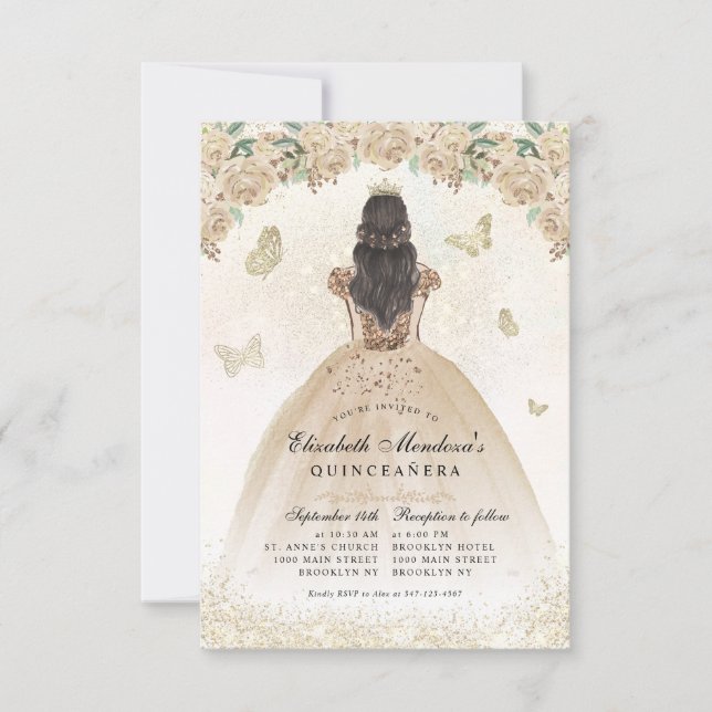 Budget Gold Glitter Floral Princess Quinceañera Note Card (Front)