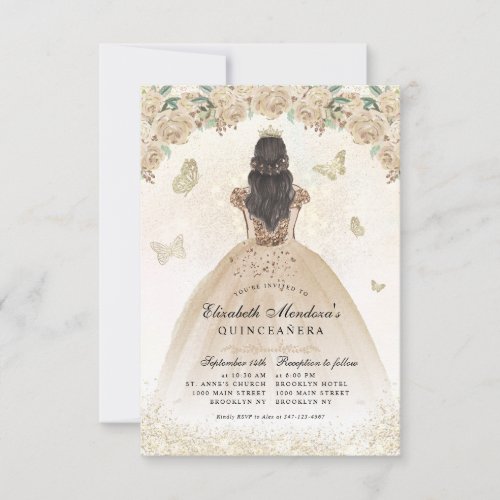 Budget Gold Glitter Floral Princess Quinceaera Note Card