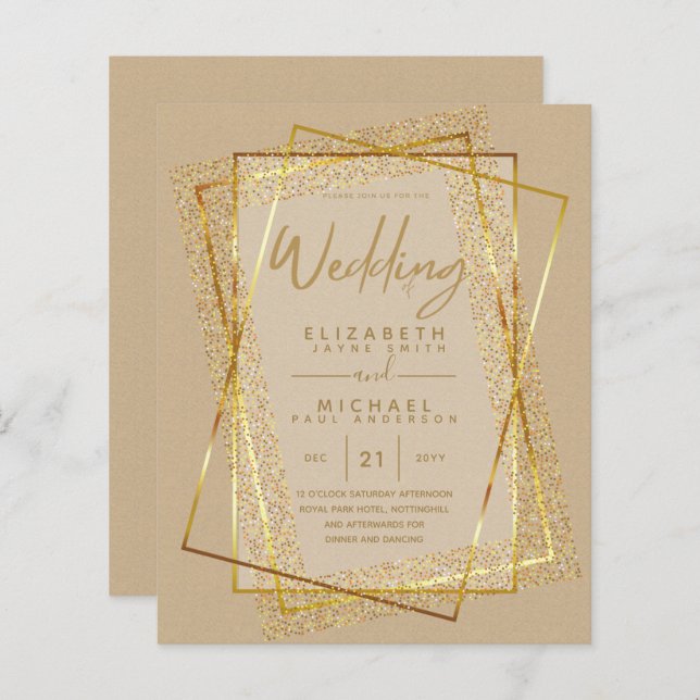 BUDGET GOLD Glitter Foil Look WEDDING INVITATIONS (Front/Back)