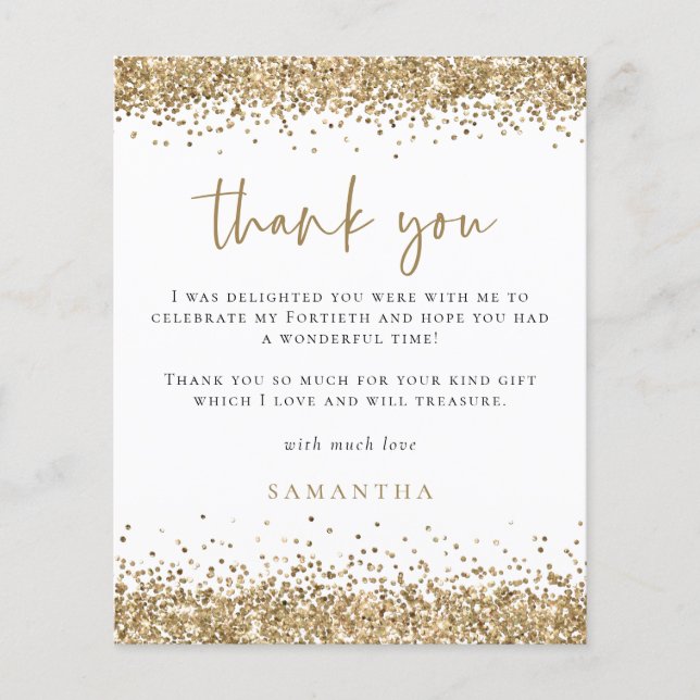Budget Gold Glitter Fortieth Birthday Thank You (Front)