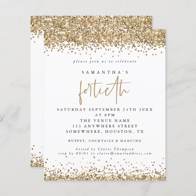 Budget Gold Glitter Fortieth Party Invitation (Front/Back)