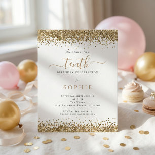 Budget Gold Glitter Girl 10th Birthday Invitation 