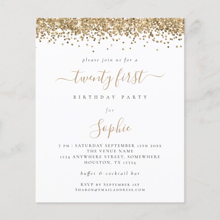 Budget Gold Glitter Girly 21st Party Invitation | Zazzle