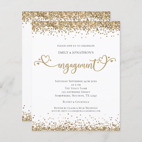 Budget Gold Glitter Heart Script Engagement Invite