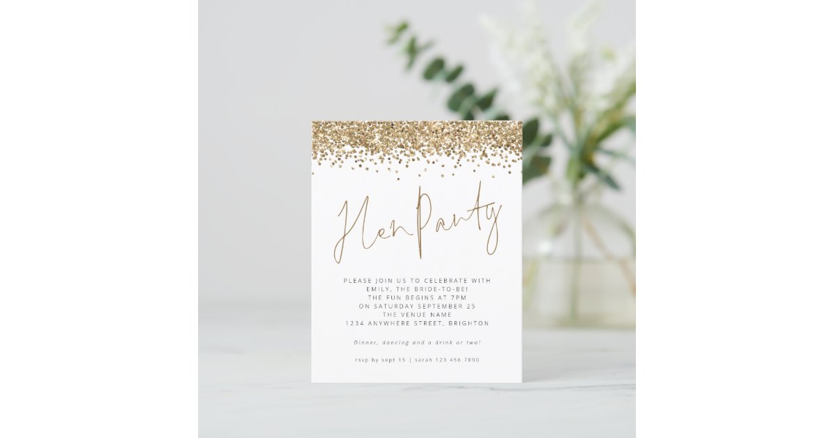 Budget Gold Glitter Hen Party Invitation | Zazzle