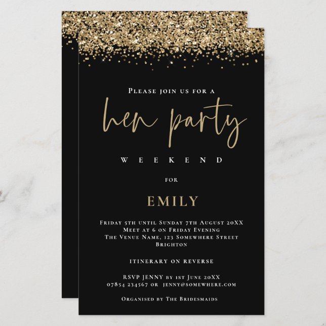 Budget Gold Glitter Hen Party Weekend Black Invite (Front/Back)