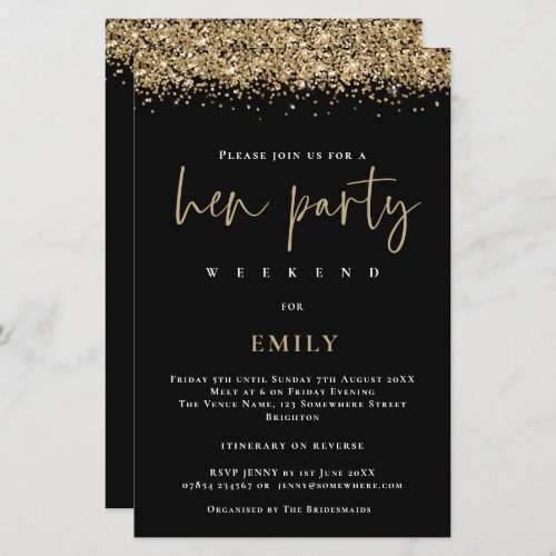 Budget Gold Glitter Hen Party Weekend Black Invite