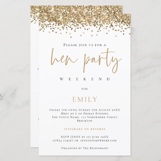 Budget Gold Glitter Hen Party Weekend Invite (Front/Back)
