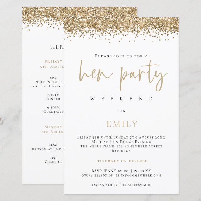 Budget Gold Glitter Hen Party Weekend White Invite (Front/Back)