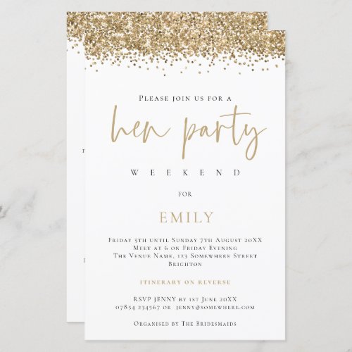 Budget Gold Glitter Hen Party Weekend White Invite