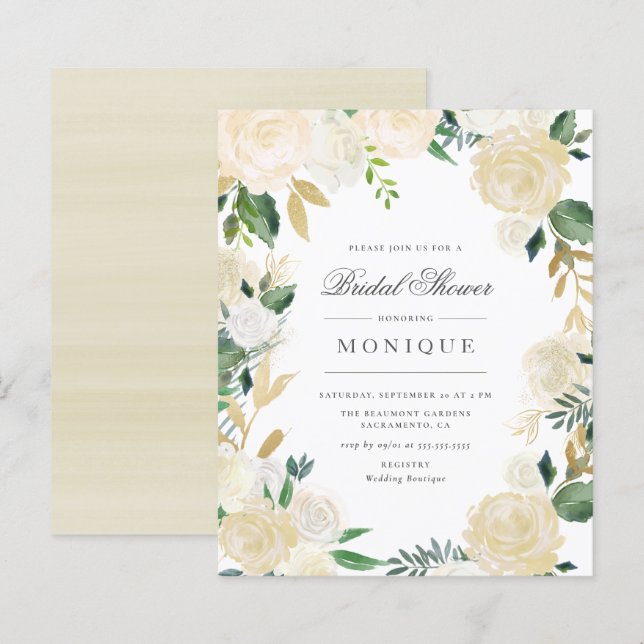 Budget Gold Glitter & Ivory Floral Bridal Shower (Front/Back)