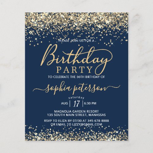 Budget Gold Glitter Navy Blue Birthday Invitation