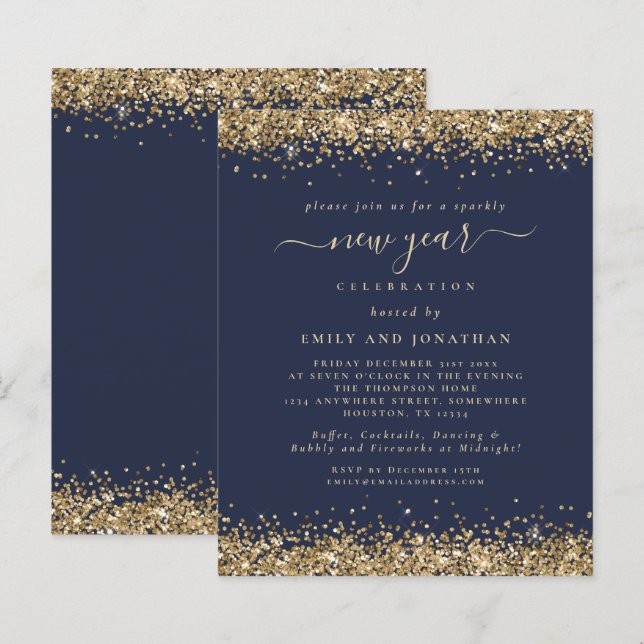 Budget Gold Glitter Navy Blue New Years Eve Party (Front/Back)