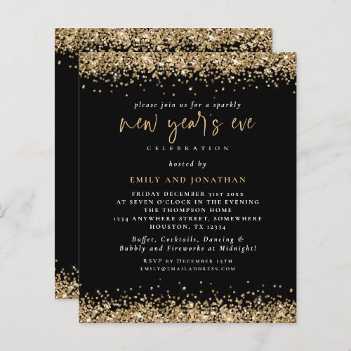 Budget Gold Glitter New Years Eve Black Invite
