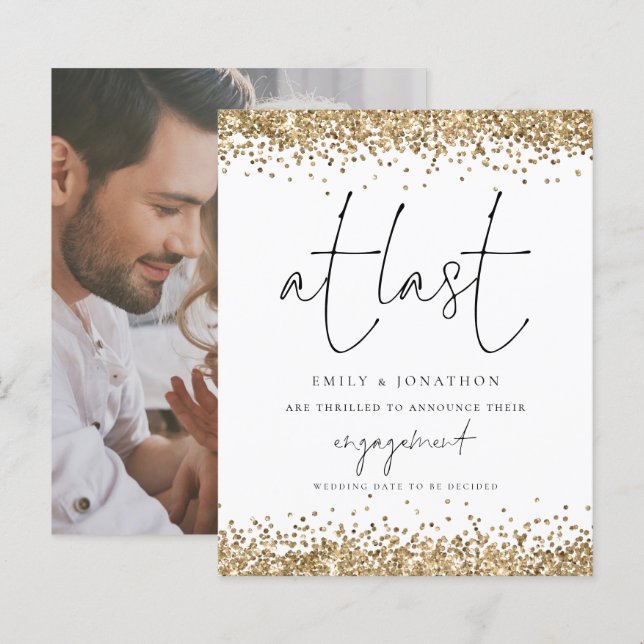 Budget Gold Glitter Photo At Last Engagement  (Front/Back)