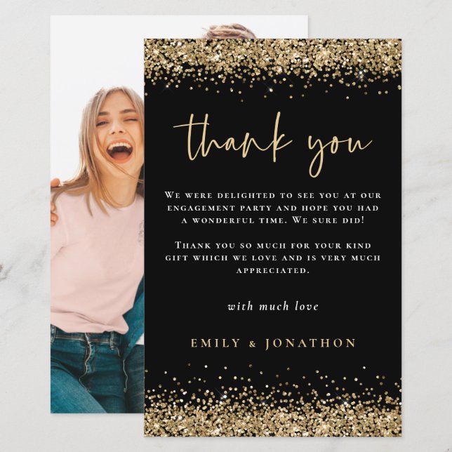 Budget Gold Glitter Photo Engagement Black Thanks (Front/Back)