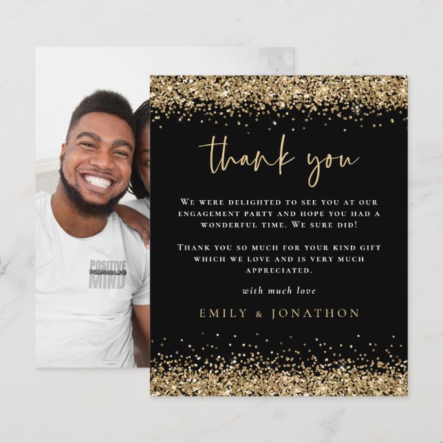Budget Gold Glitter Photo Engagement Black Thanks (Front/Back)