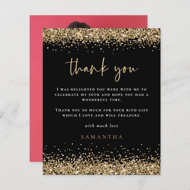 Budget Gold Glitter Photo Fiftieth Black Thank You (Front/Back)