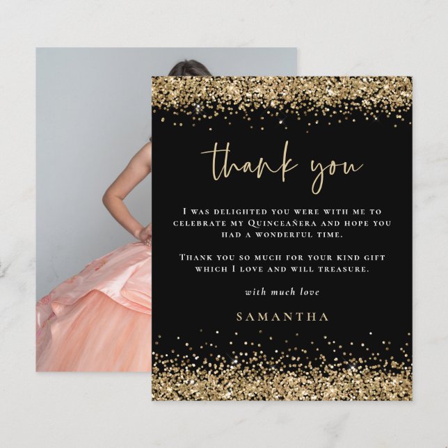 Budget Gold Glitter Photo Quinceañera Thanks Black (Front/Back)