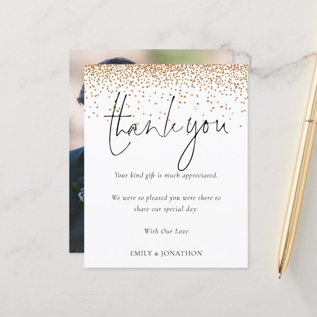 Budget Gold Glitter Photo Wedding Thank You (Front/Back In Situ)