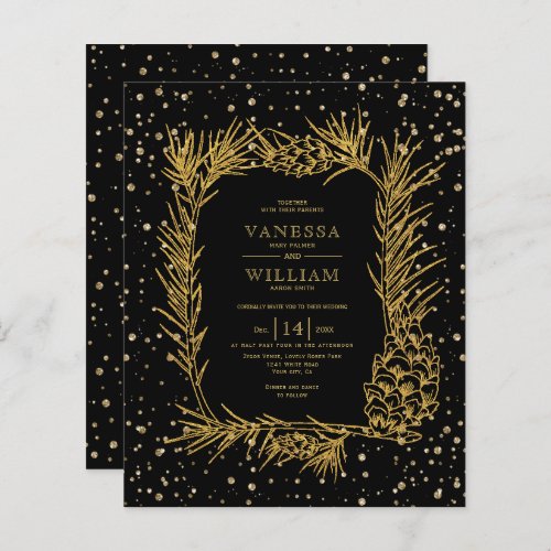 BUDGET Gold glitter pine black wedding invitation