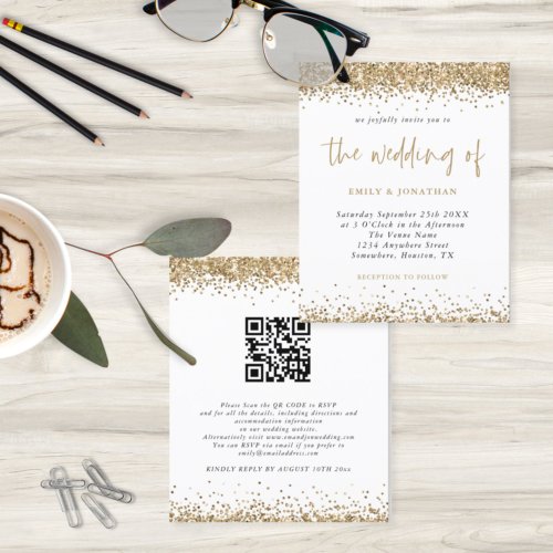 Budget Gold Glitter QR Code Wedding Invitation