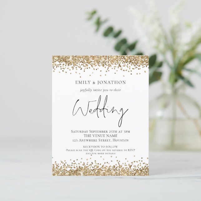 Budget Gold Glitter QR Code Wedding Invite (Standing Front)