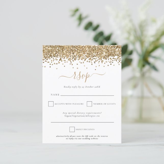 Budget Gold Glitter QR Code Wedding RSVP (Standing Front)